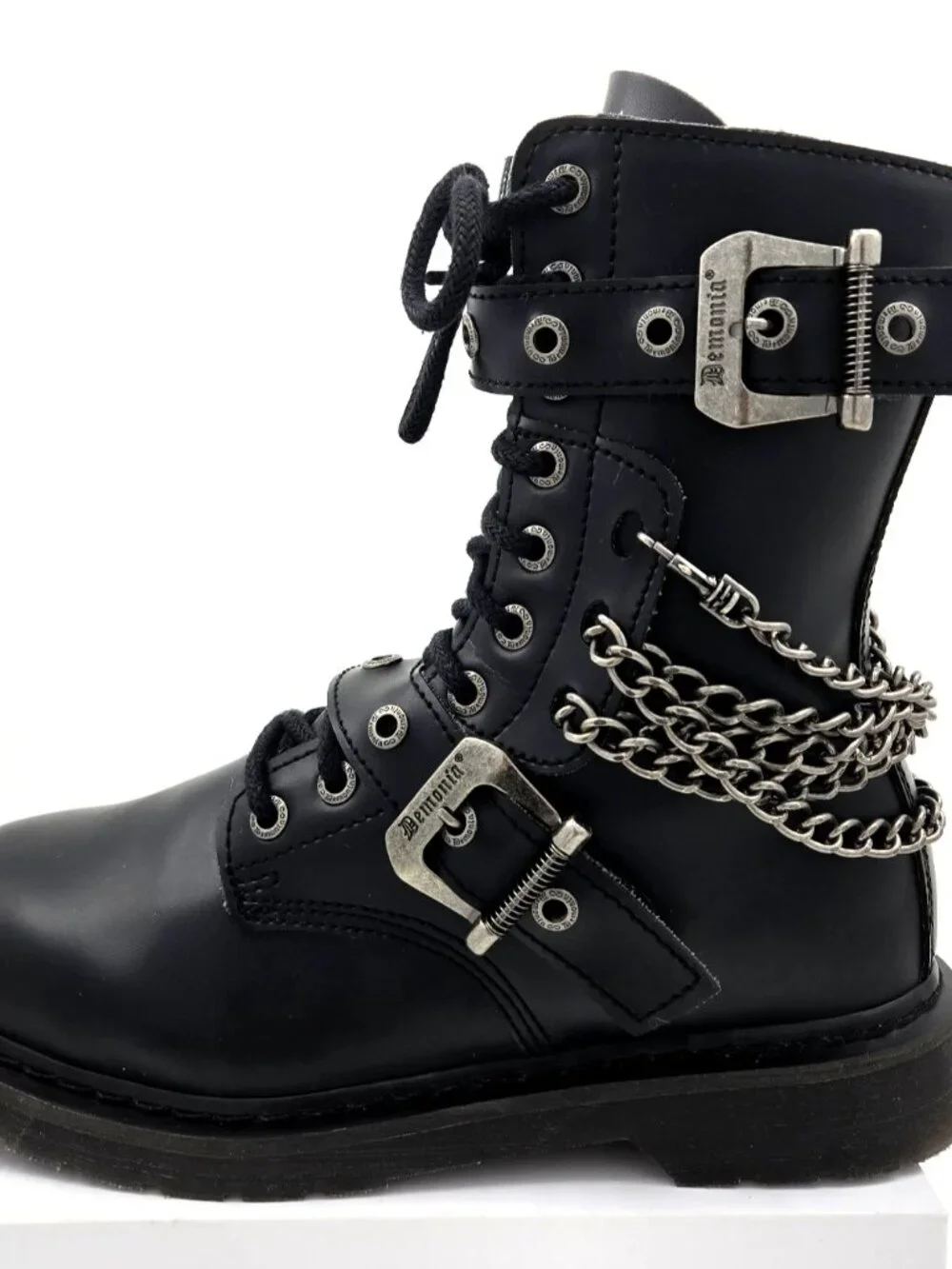 DEMONIA Bolt 250 Mens Sz 10 Black Goth Combat Biker Side Zip Buckle Chains Boots